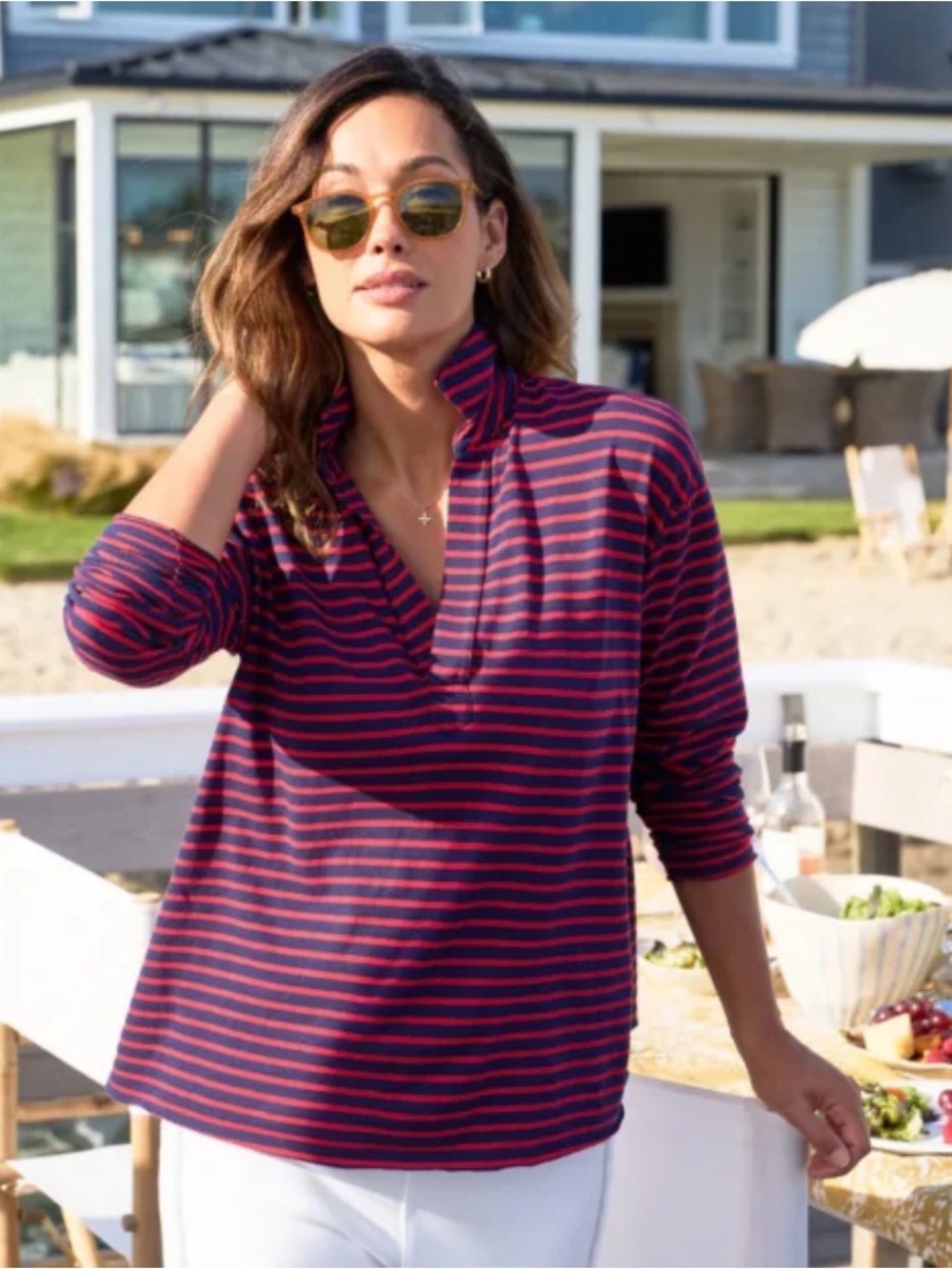 Frank & Eileen - Popover Henley in Red Blue stripe Cotton long sleeve v neck XS